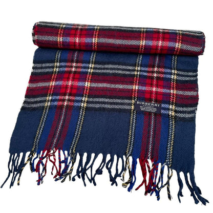 Vintage 90s Burberry Navy Blue Nova Check Lambswool Scarf
