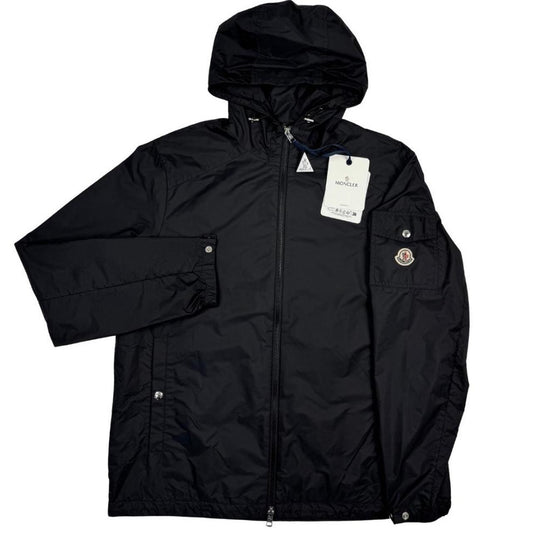 Moncler black windbreaker jacket, full zip, hooded, nylon material, logo on chest.