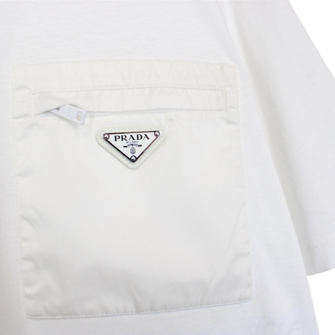 Prada White Short Sleeve Cotton Badge Re-Nylon Pocket T-Shirt