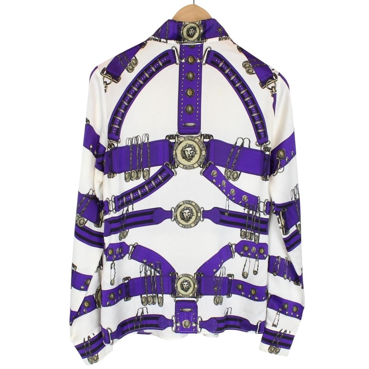 Versus Versace Cream and Purple Long Sleeve Belt Print Silk Shirt