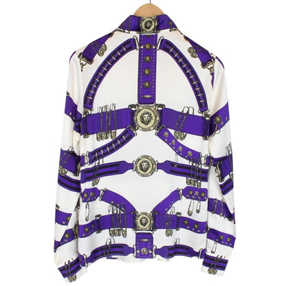 Versus Versace Cream and Purple Long Sleeve Belt Print Silk Shirt