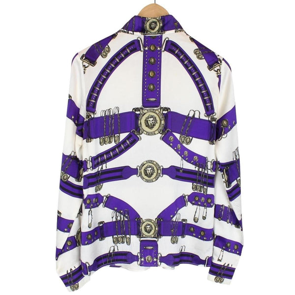 Versus Versace Cream and Purple Long Sleeve Belt Print Silk Shirt