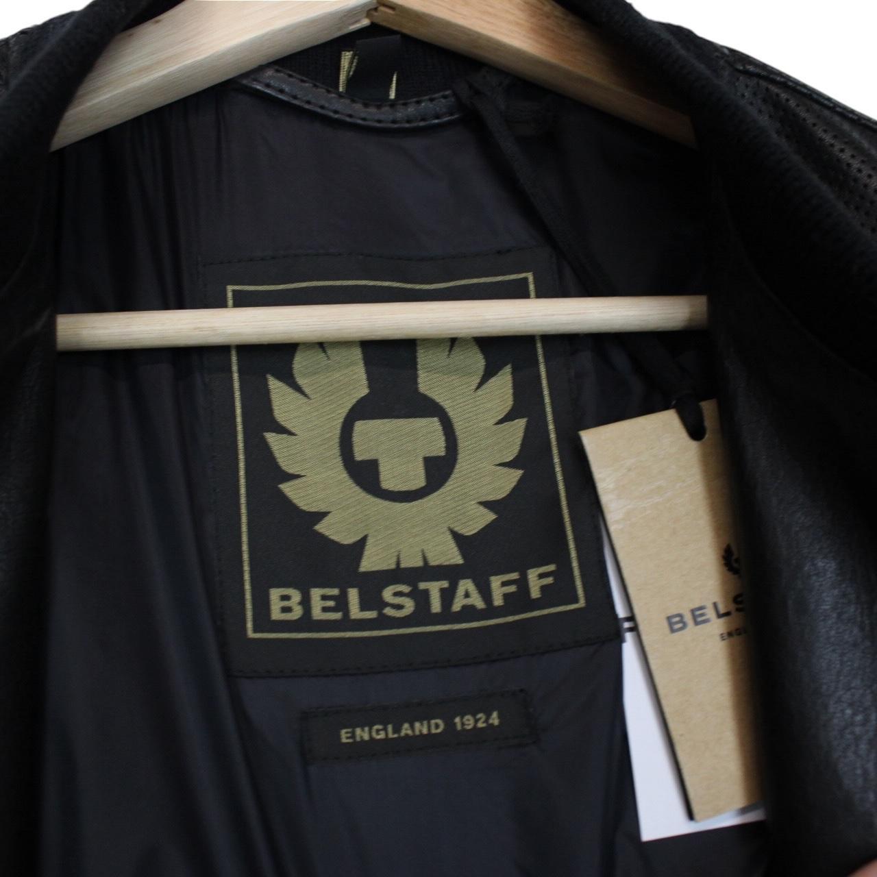 Belstaff black leather bomber jacket with full zip and logo details.