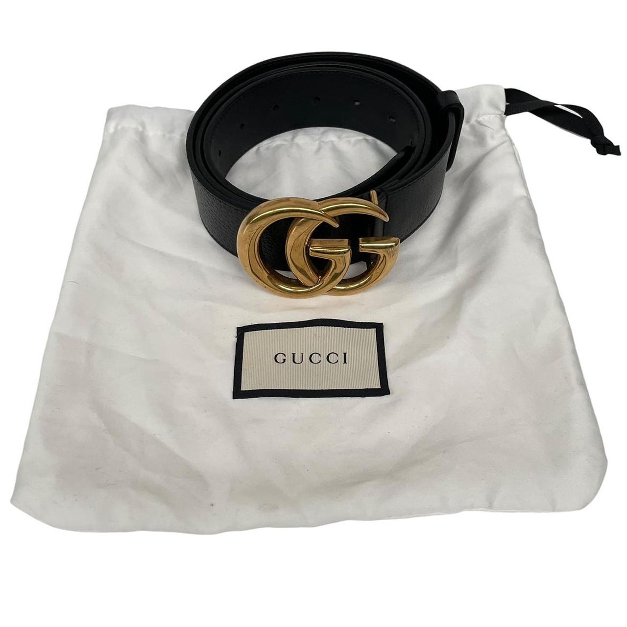 Gucci Black and Gold Marmont Textured Leather Belt with GG Buckle