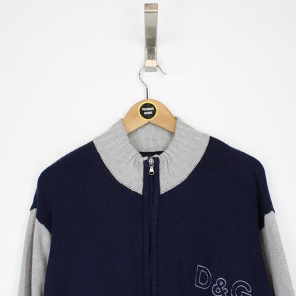 Dolce and Gabbana Navy Blue and Grey Full Zip Cotton Knit Jumper