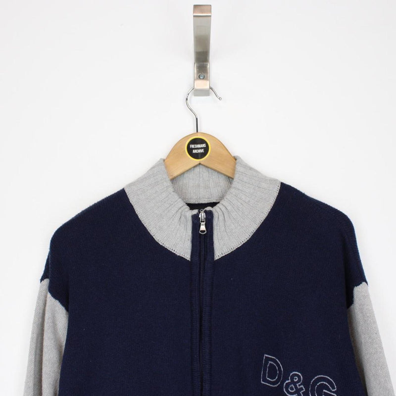 Dolce and Gabbana Navy Blue and Grey Full Zip Cotton Knit Jumper