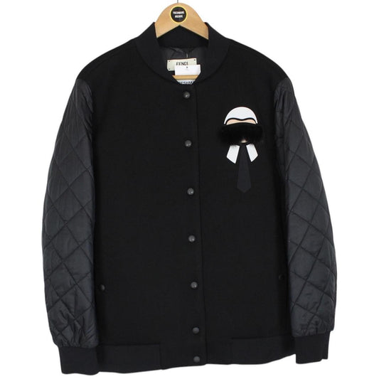 Fendi Black Karlito Full Zip Logo Appliqué Down Bomber Jacket