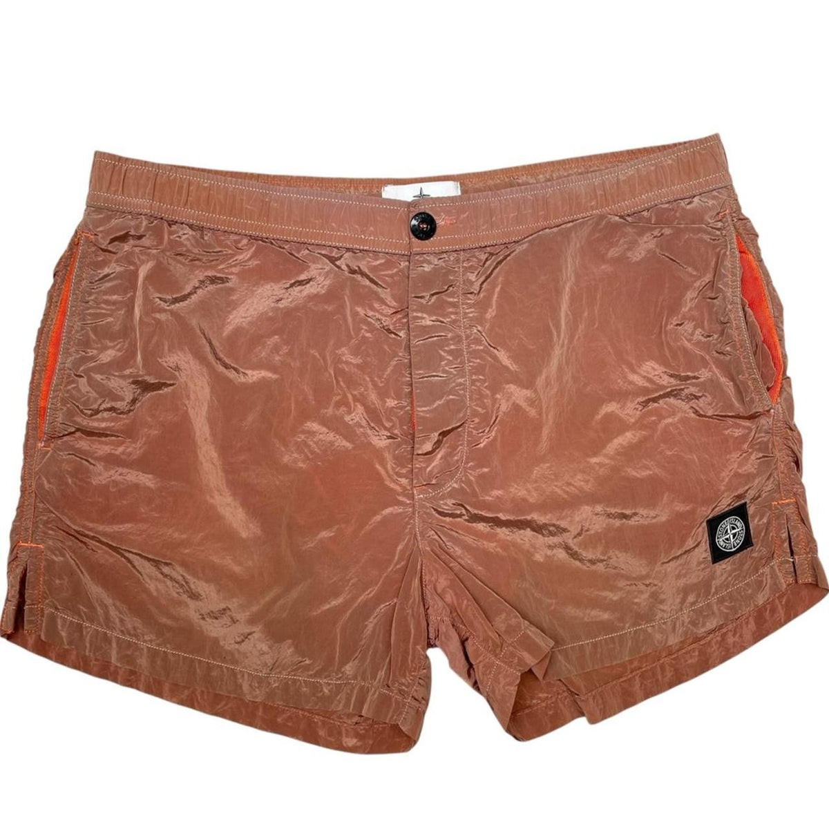 Stone Island orange swim shorts with logo patch and nylon metal material.