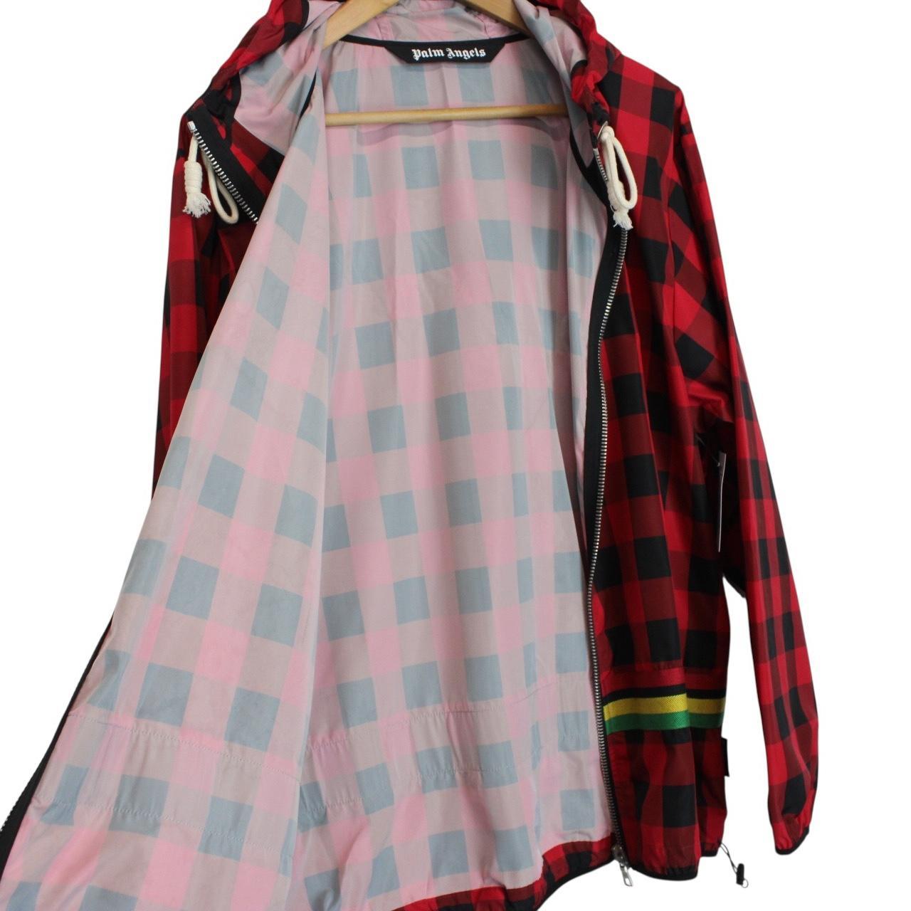 Palm Angels Red and Black Buffalo Check Full Zip Hooded Jacket