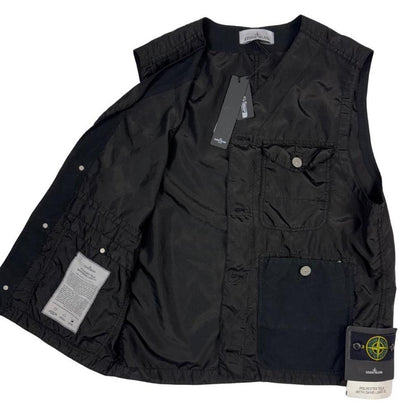 Stone Island black vest jacket, lightweight polyester, logo patch on chest.