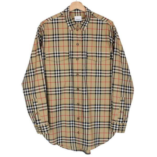 Burberry tan brown long sleeve shirt with Nova Check pattern and logo detail.