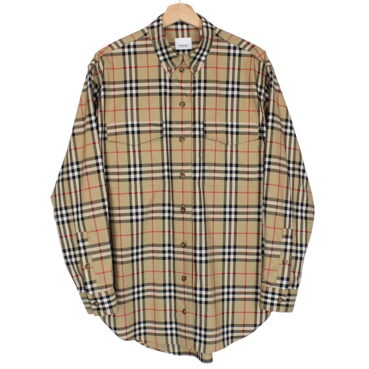 Burberry tan brown long sleeve shirt with Nova Check pattern and logo detail.