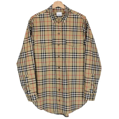 Burberry tan brown long sleeve shirt with Nova Check pattern and logo detail.