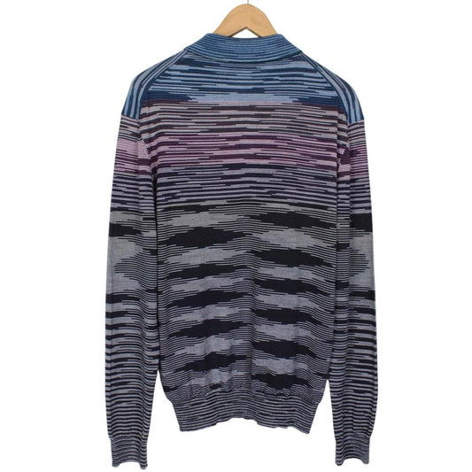 Missoni Multicoloured Striped Long Sleeve Fine Knit Wool Polo Shirt