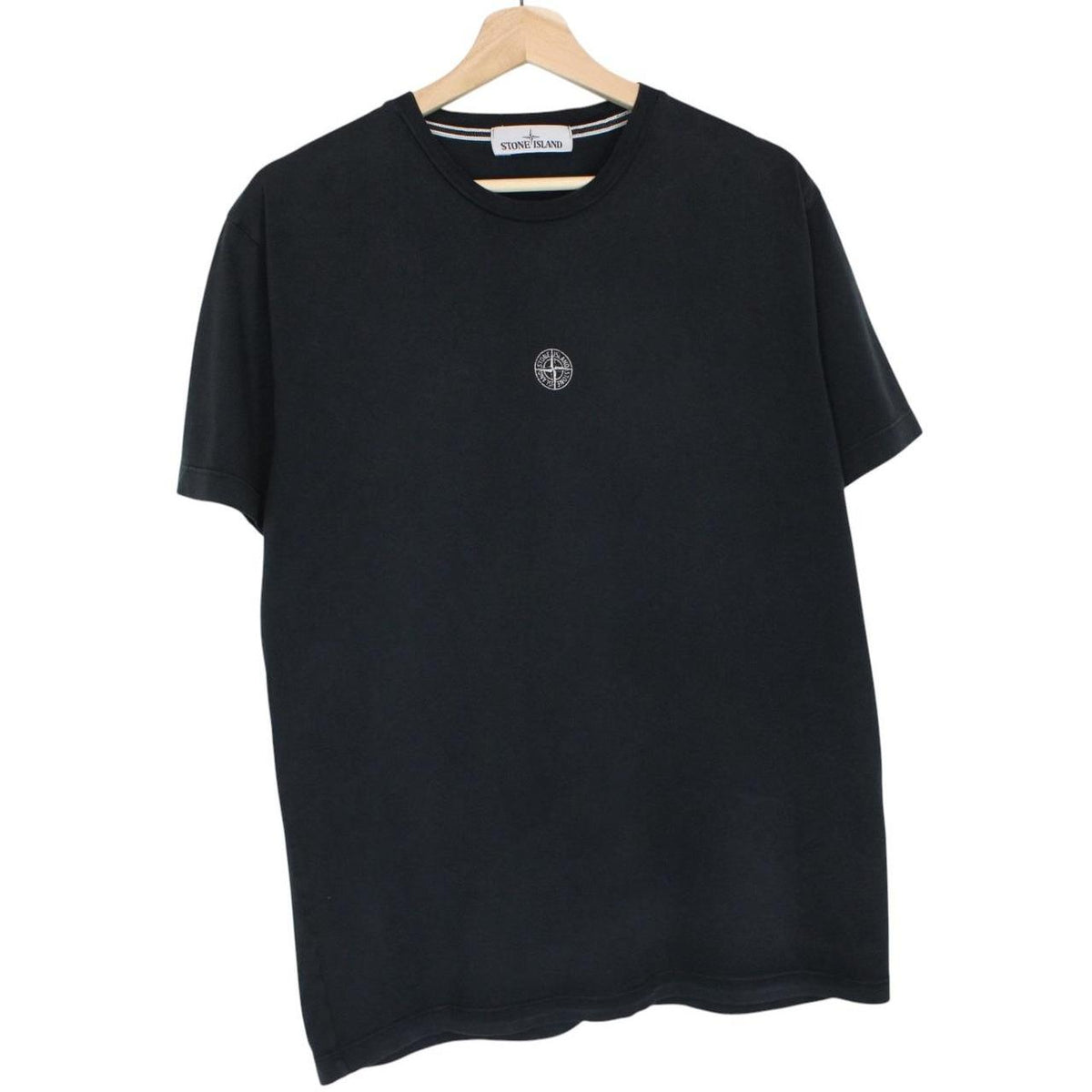 Stone Island black short sleeve cotton t-shirt with logo patch on sleeve.