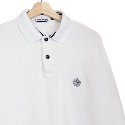 Stone Island white long sleeve polo shirt with embroidered compass logo and slim fit.