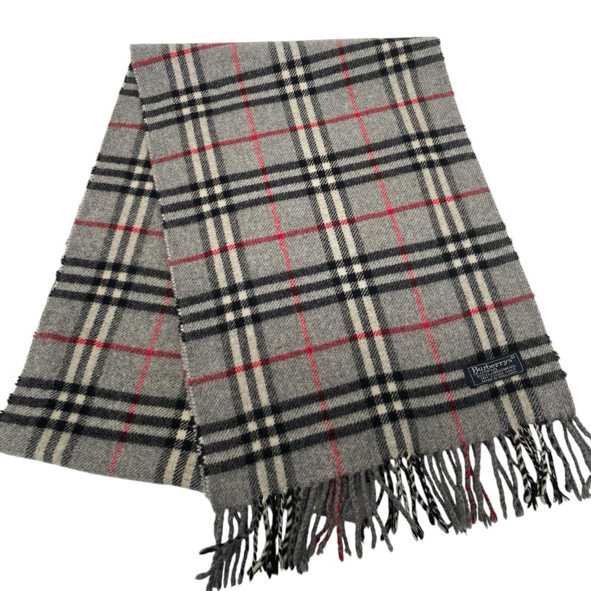 Burberry grey lambswool scarf featuring classic Nova Check pattern and logo.