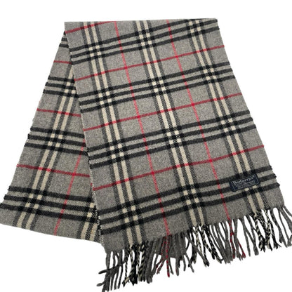 Burberry grey lambswool scarf featuring classic Nova Check pattern and logo.