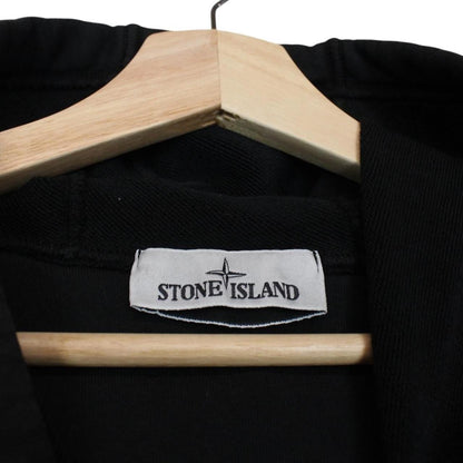 Stone Island black hoodie jumper with embroidered compass logo and cotton material.