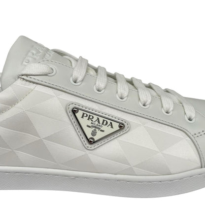 Prada white trainers Re-Nylon and brushed leather with logo detail and dust bags.