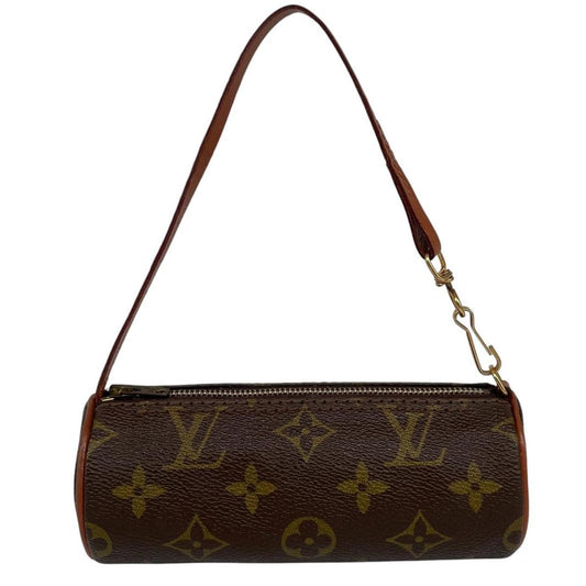 Louis Vuitton brown mini pochette bag with monogram canvas pattern and gold hardware.