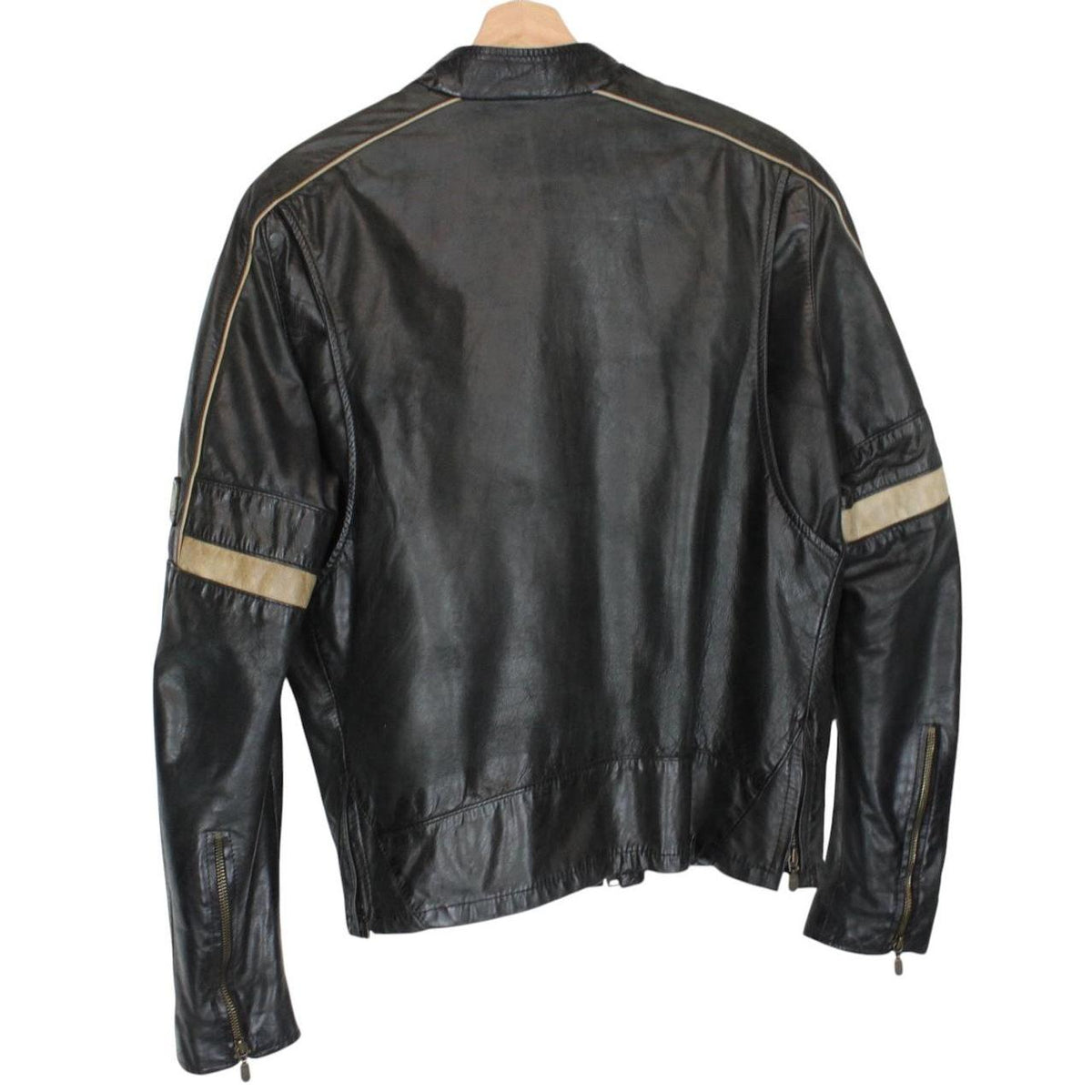 Belstaff beige and black leather jacket with vintage logo and cream detailing.