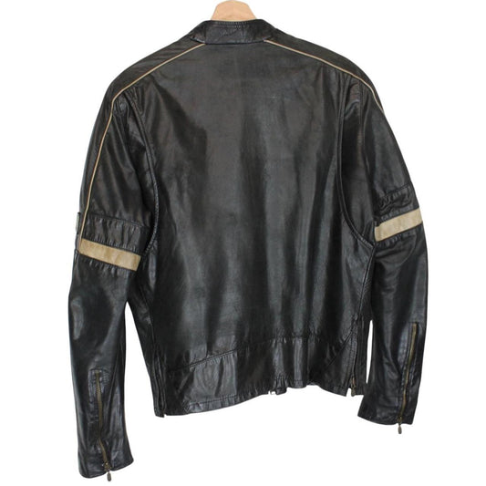 Belstaff beige and black leather jacket with vintage logo and cream detailing.
