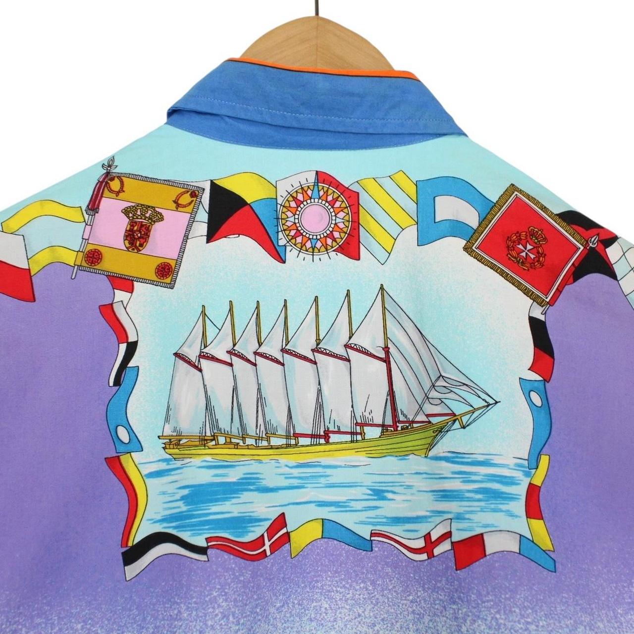 Vintage 90s Versace Sport Multicoloured Ships Print Short Sleeve Cotton Shirt