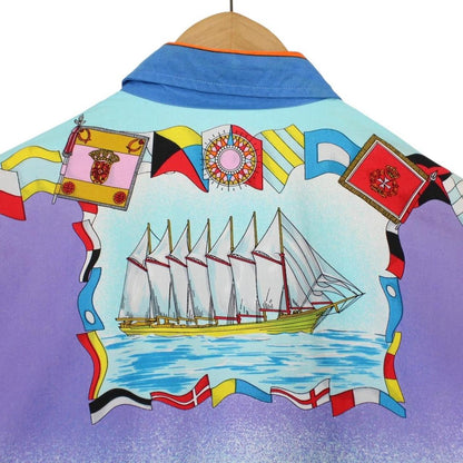 Vintage 90s Versace Sport Multicoloured Ships Print Short Sleeve Cotton Shirt
