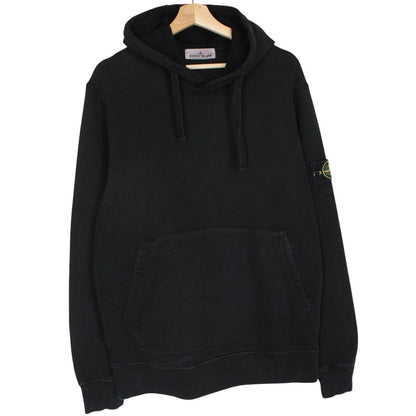 Stone Island black hoodie jumper with embroidered logo and cotton material.