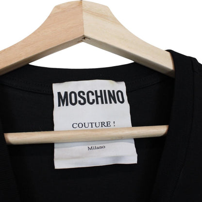 Moschino black cotton t-shirt featuring colorful cartoon print and logo detail.