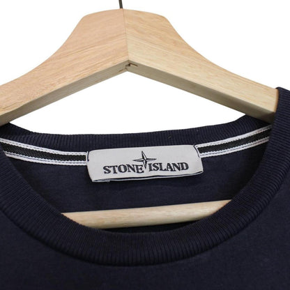 Stone Island navy blue short sleeve cotton t-shirt with logo print and label detail.