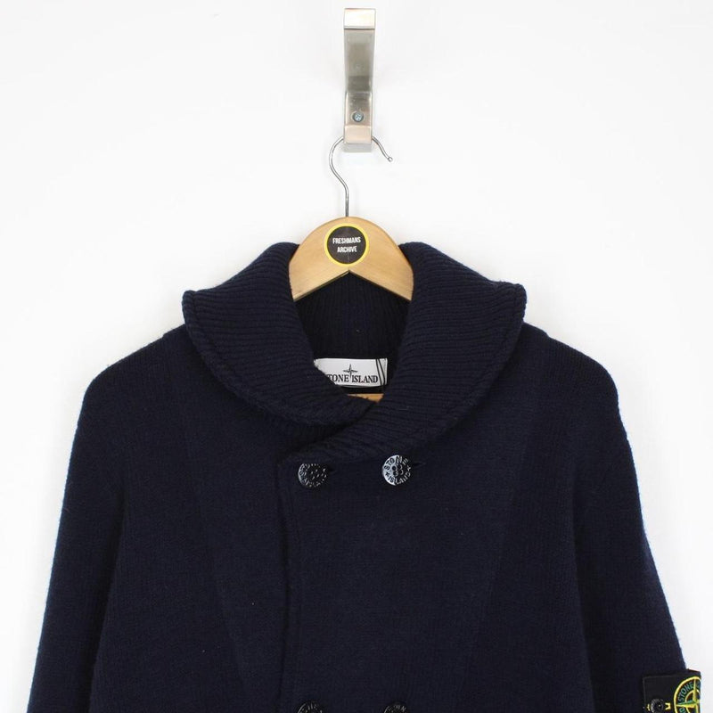 Stone Island AW 2022 Navy Blue Heavy Wool Knit Double Breasted Cardigan Jumper