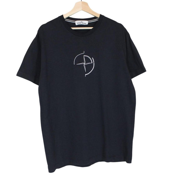 Stone Island navy blue short sleeve t-shirt with compass logo on chest pocket.