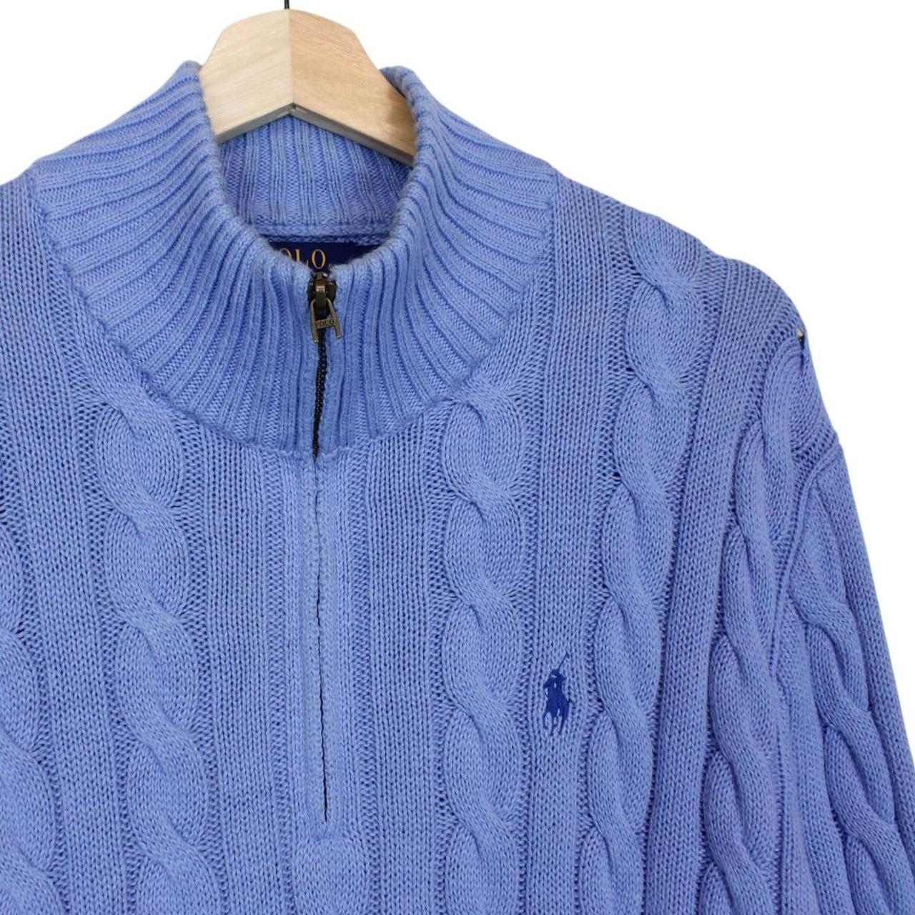 Polo Ralph Lauren blue cotton cable knit jumper with 1/4 zip and embroidered logo.