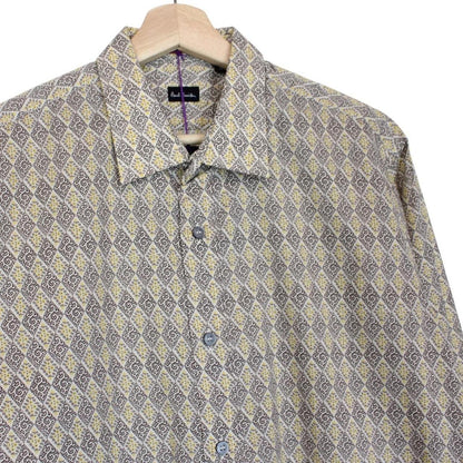 Paul Smith cream formal shirt with multicoloured abstract pattern and long sleeves.