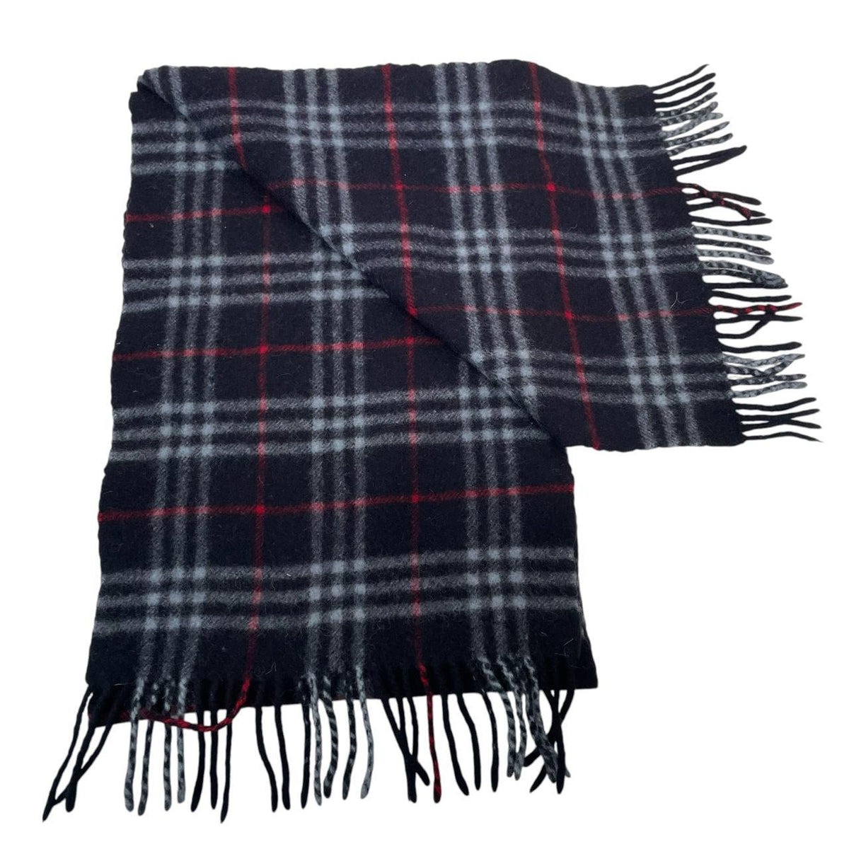 Burberry navy blue lambswool scarf with classic Nova Check pattern.