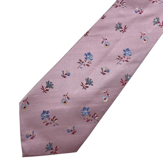Paul Smith pink silk tie with floral embroidery and signature logo detail.