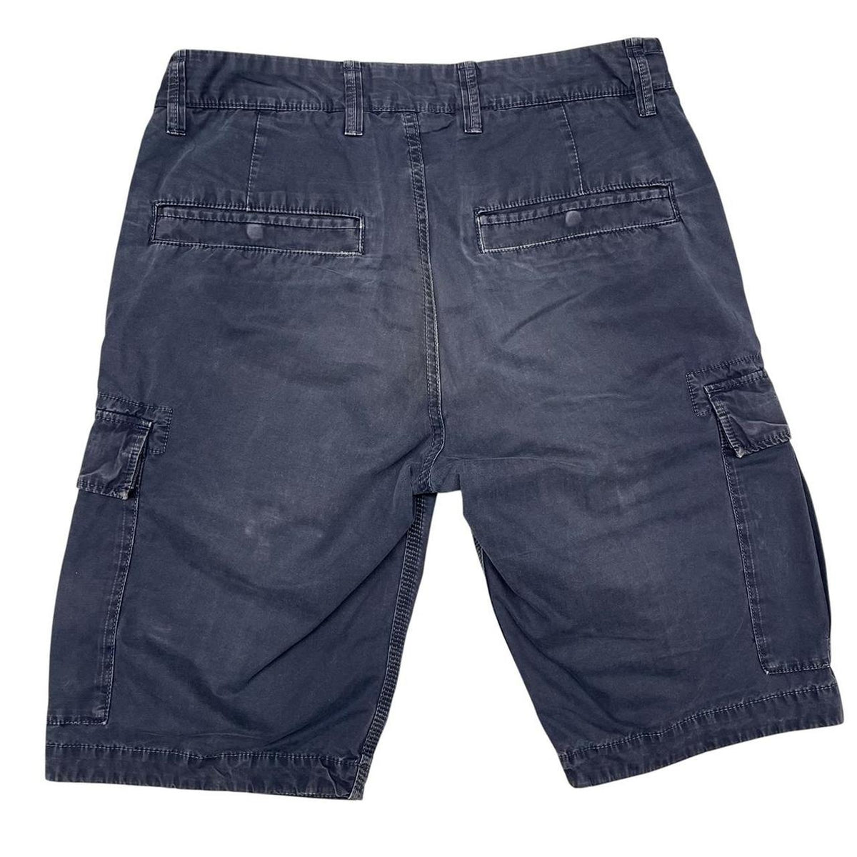 Stone Island navy blue cargo shorts with iconic compass logo and cotton material.