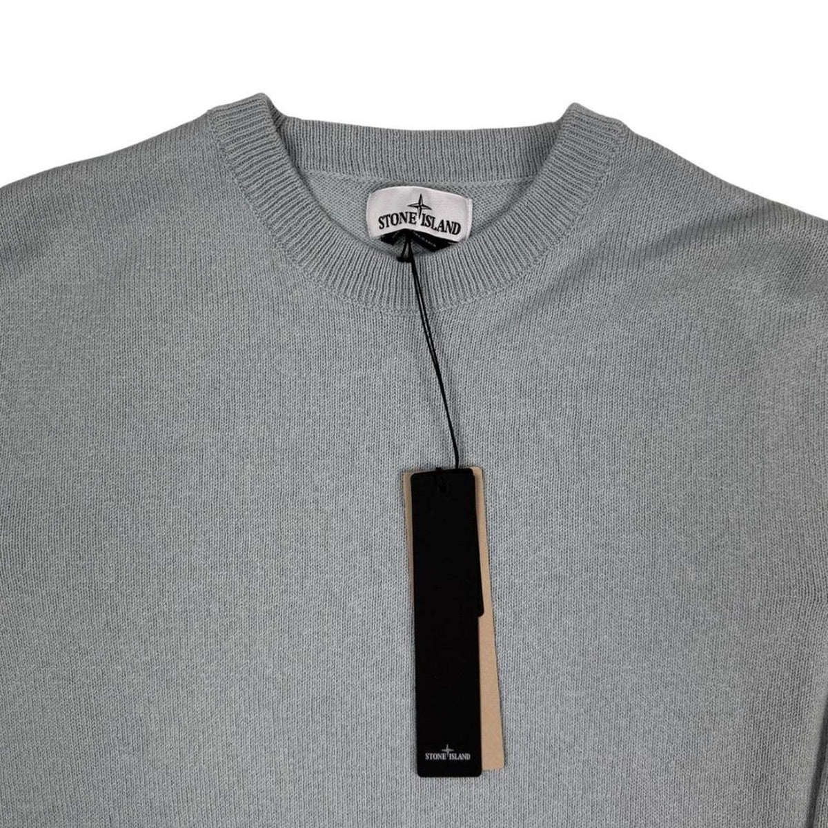 Stone Island grey knit jumper made from organic cotton with logo patch.