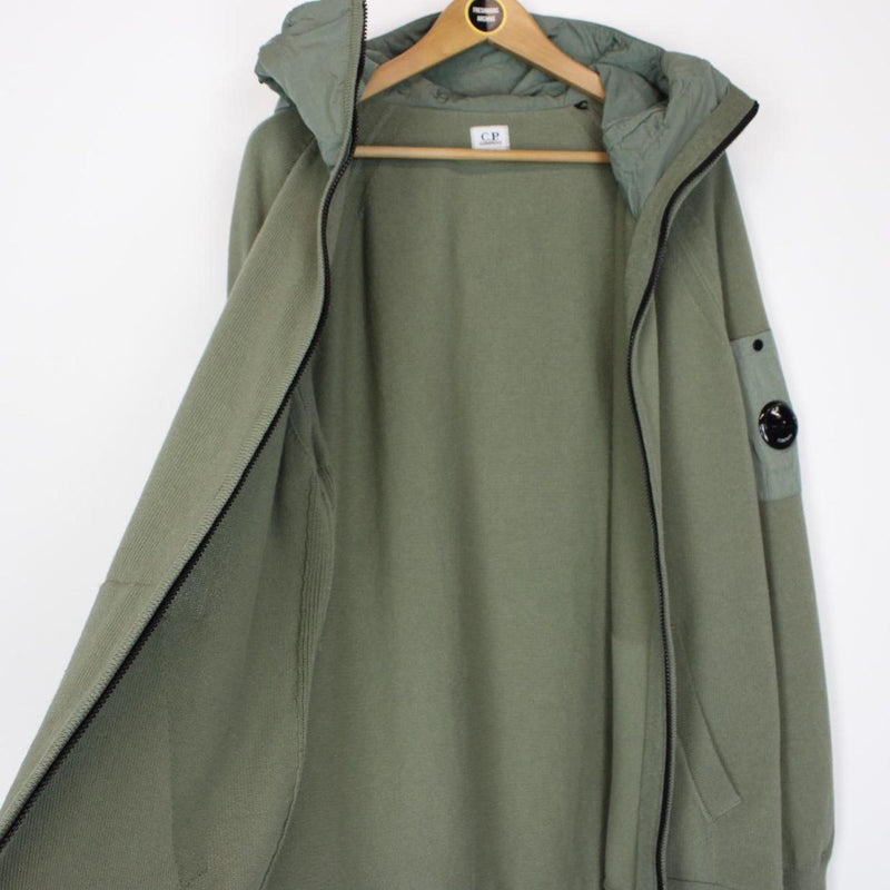 CP Company Green Cotton Knit and Nylon Lens Hoodie Jumper