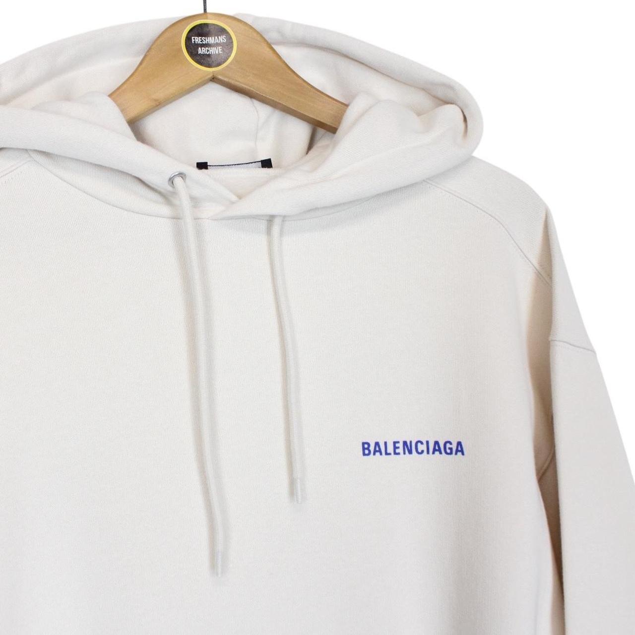 Balenciaga Cream and Blue Logo Print Cotton Hoodie Jumper
