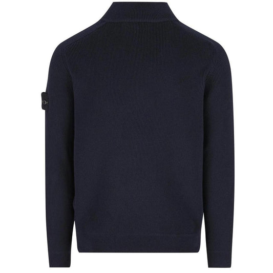 Stone Island SS26 Navy Blue Ribbed Organic Cotton Knit 1/4 Zip Jumper