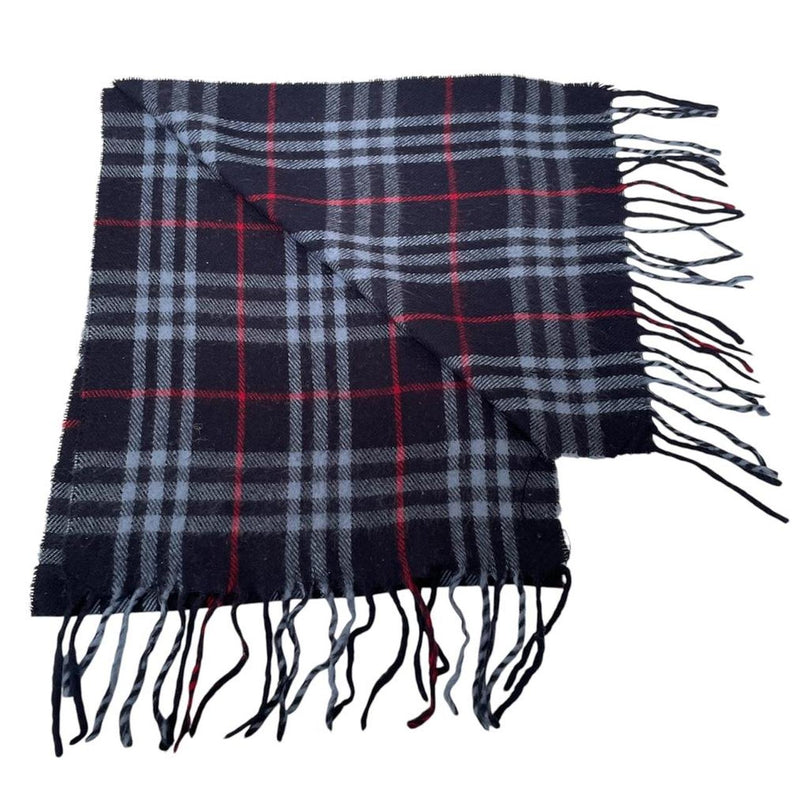 Vintage 90s Burberry Navy Blue Nova Check Lambswool Scarf