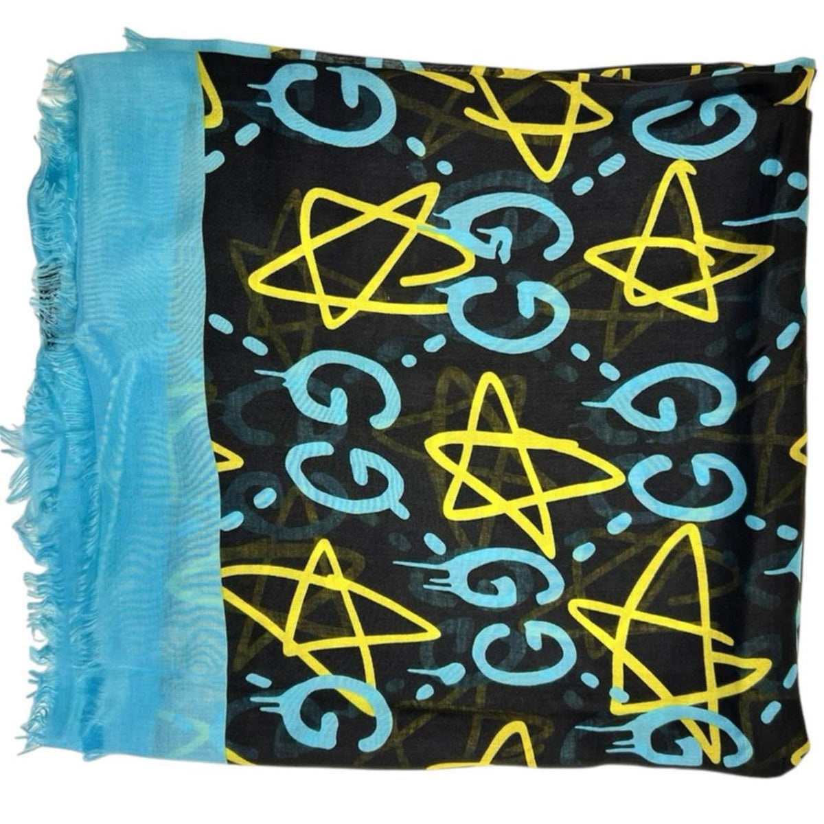 Gucci black and blue modal silk scarf with GG star pattern and logo.