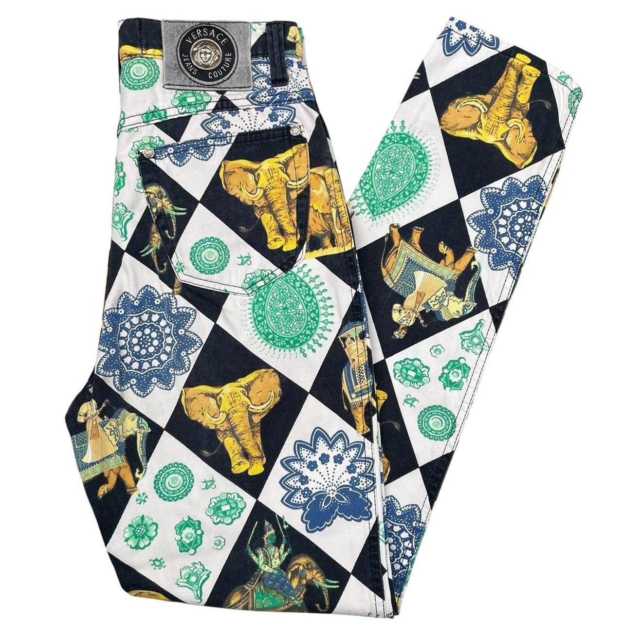 Vintage 90s Versace Jeans Couture Multicoloured Elephant Print High Waisted