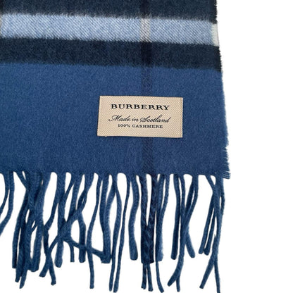 Burberry blue cashmere scarf featuring iconic Nova Check pattern and logo.