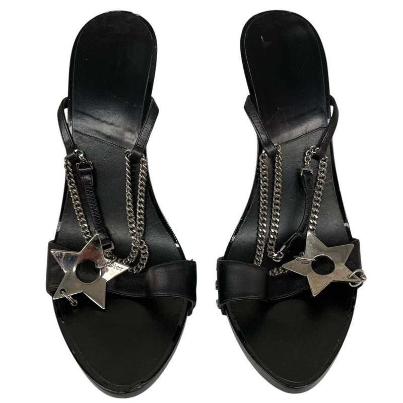 Christian Dior Black and Silver Patent Leather Chain Slingback High Heels