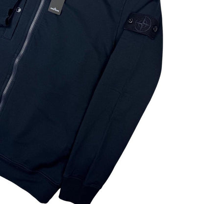 Stone Island navy blue knit full zip jumper with ghost logo and cotton blend material.