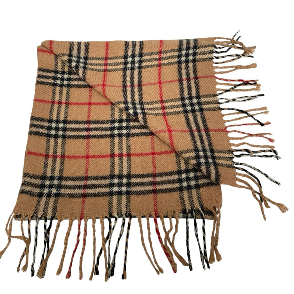 Burberry tan brown lambswool scarf with iconic Nova Check pattern.